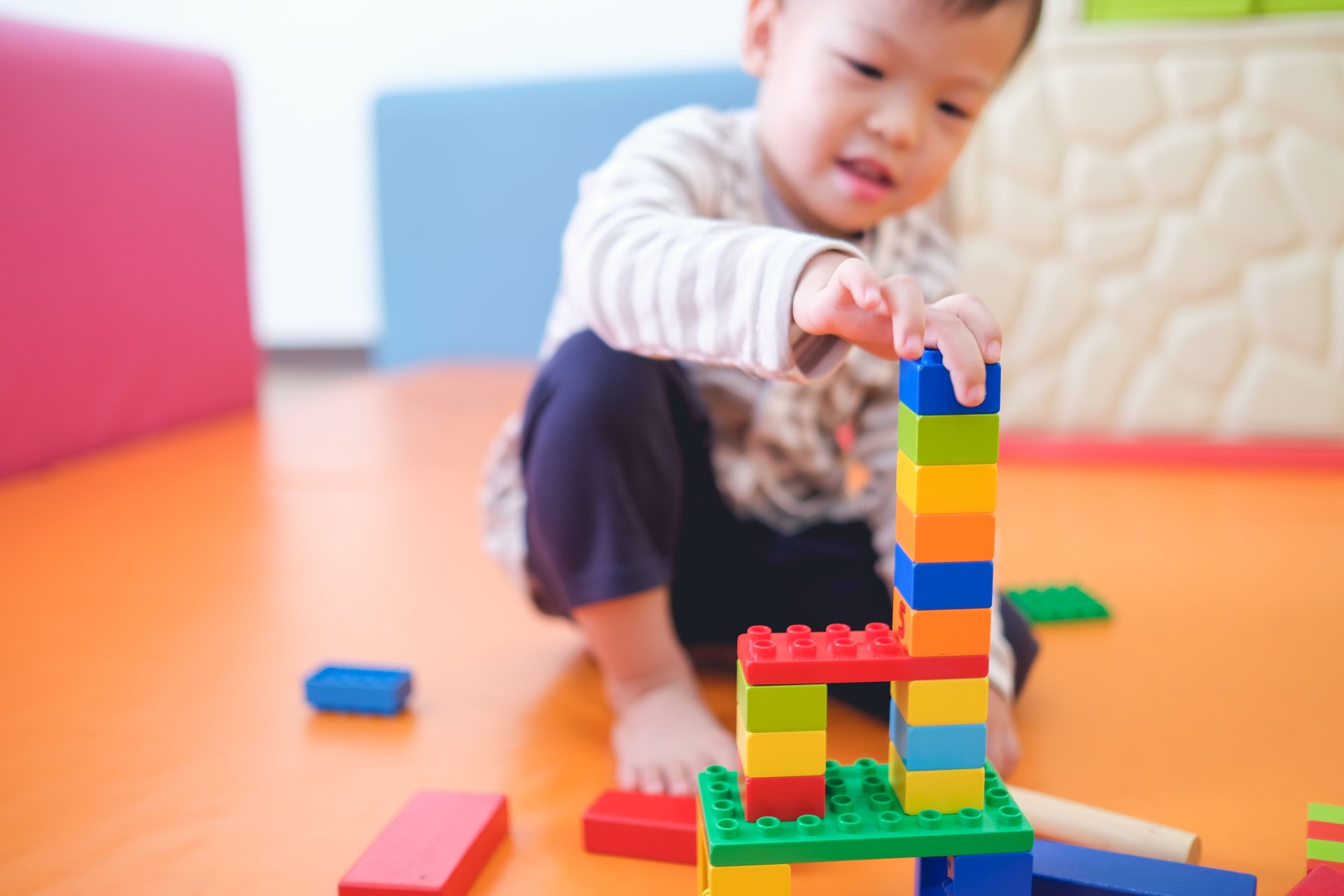 Cute little Asian 2 - 3 years old toddler boy child having fun playing with colorful plastic blocks indoor